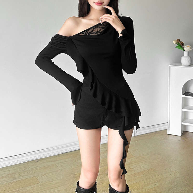 2024 Autumn New Women's Solid Color Slim Street Fashion Asymmetrical Neck Long Sleeve Backless Top 3c8