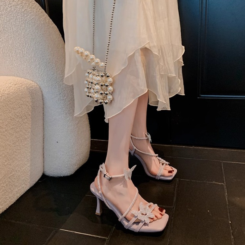 Ddmysports French Rhinestone One Strap Fairy Style Sandals For Women New Summer Bowknot Dress Matching Thin Heel High Heels Outdoor Shoes