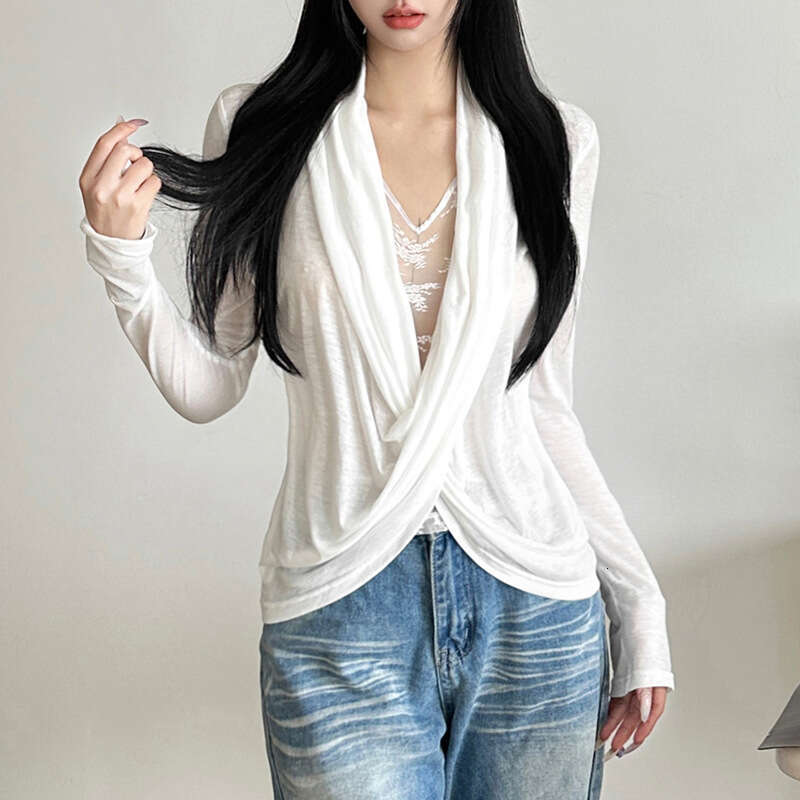 2024 Autumn Winter New Women's Solid Color Slim Street Fashion V-Neck Long Sleeve Sheer Top 17e