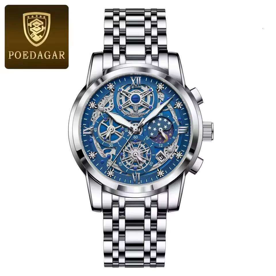 DHgargets POEDAGAR Watches Chronograph Date Stainless Steel Watch for Men Waterproof Luminous Quartz Men's Reloj