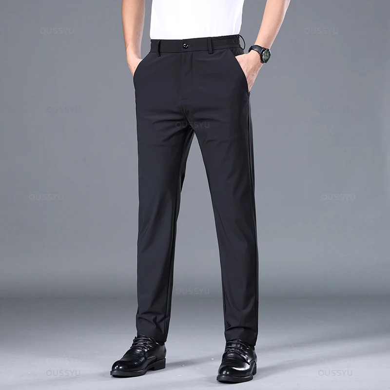 Summer Good Stretch Smooth Trousers Men Business Elastic Waist Korean Classic Thin Black Gray Blue Casual Suit Pants Male 250725