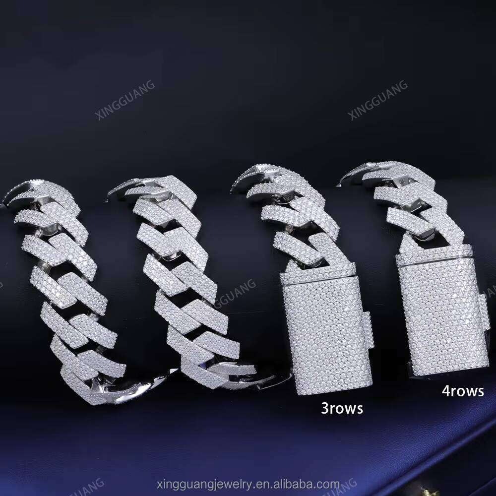 20mm 3Rows 4Rows Stones Heavy Link Necklace S Sier Iced Out VVS Moissanite Men's Cuban Chain Hip Hop Jewelry