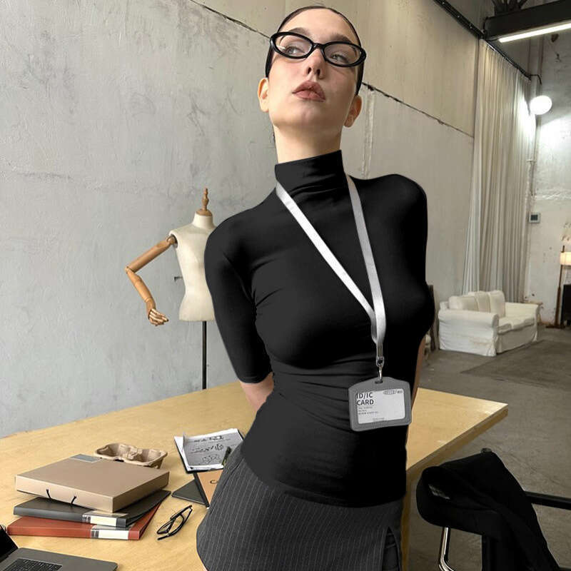 Ytp032 Spring Summer New Solid Color High Neck Half Sleeve Slim Fit Basic Women's T-Shirt Top B5