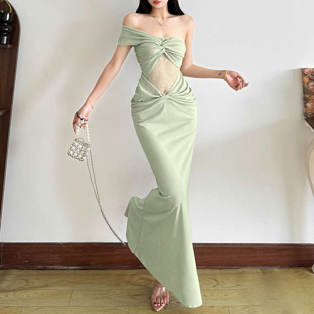 2025 Summer New Slim Sexy Vacation Style Mesh Patchwork Elegant Waist-Cinching Dress Women's Fashion 662