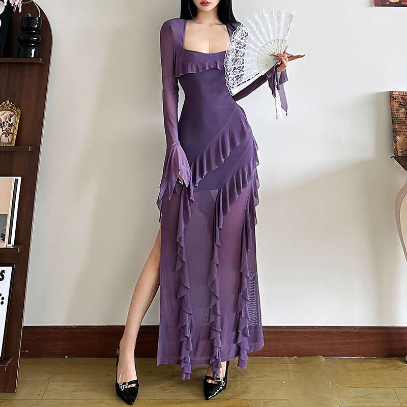 2024 Autumn Winter New Women's Solid Color Slim High Waist Street Fashion Square Neck Long Sleeve Dress 022