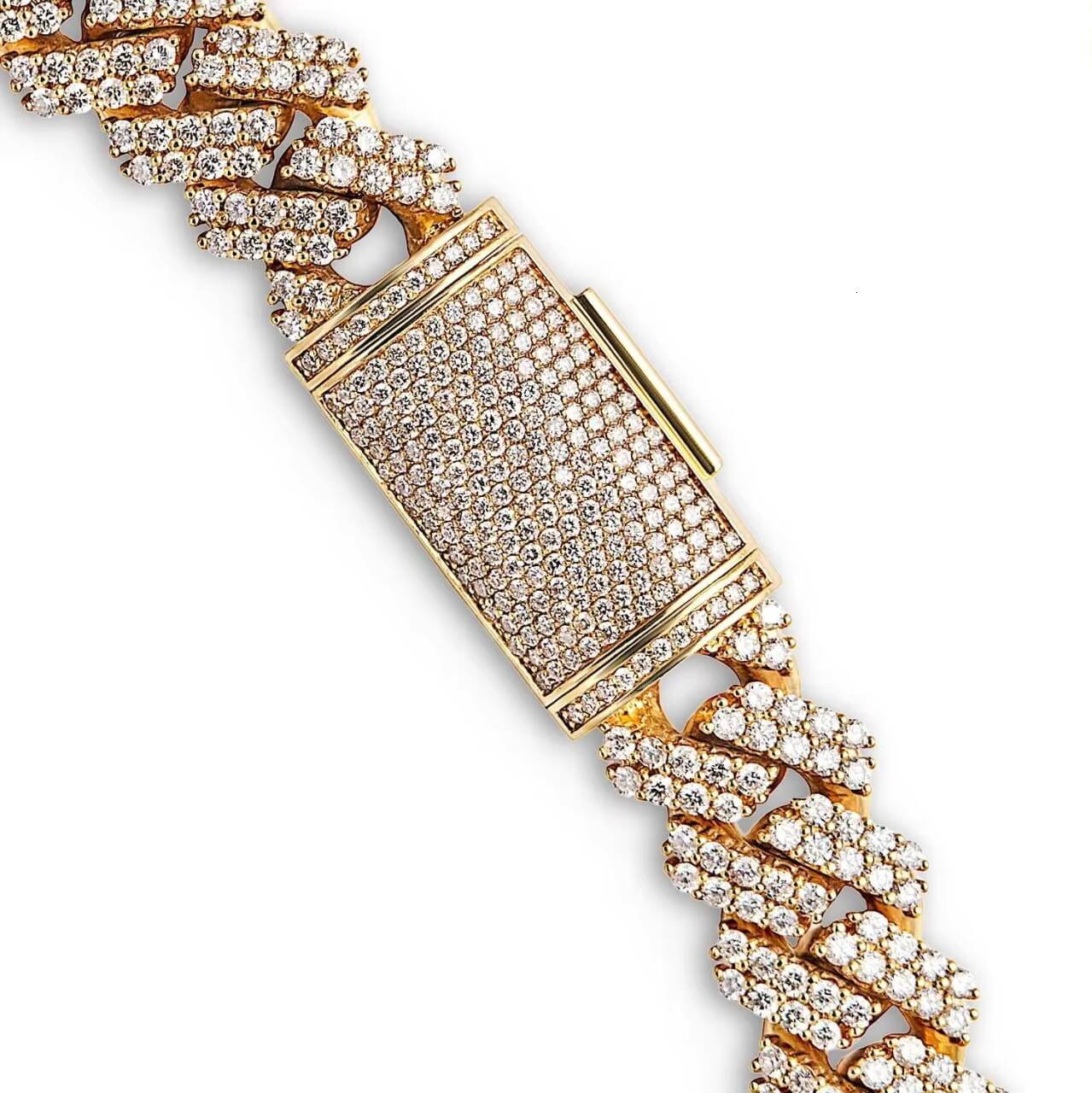 Iced Out Moissanite Diamond Cuban Link Chain Classic Yellow Gold Design in Sterling Silver for Engagement Party Anniversary