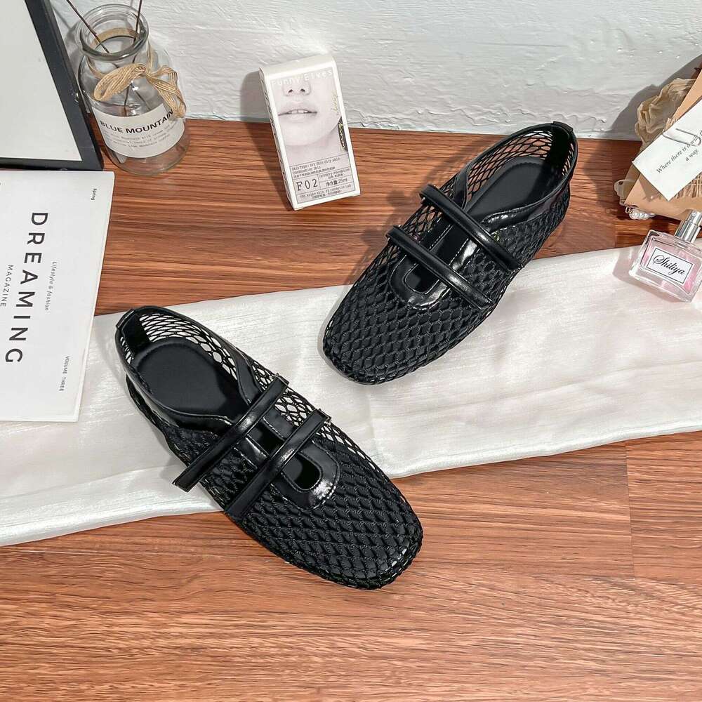 Designer Same Style French Breathable Hollow Fishnet Mesh Square Toe Versatile One-Strap Mary Jane Shoes for Women Spring Summer