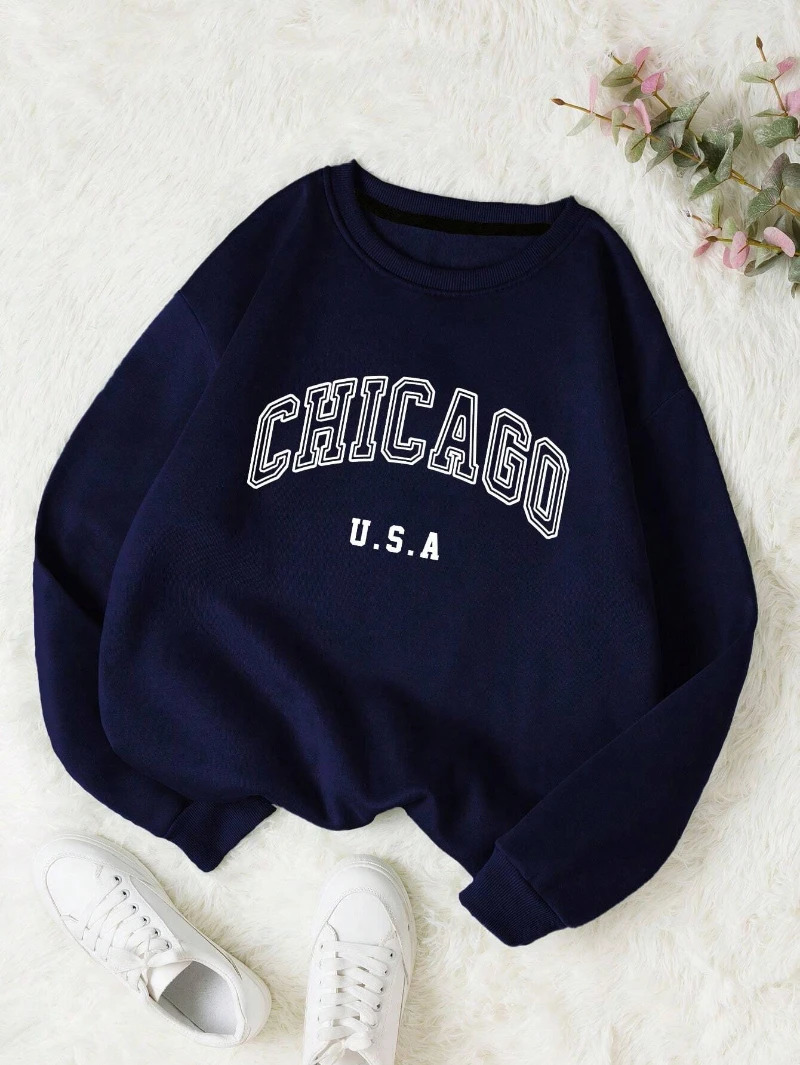 Casual Women Sweatshirts Chicago USA Letter Prints Pullover Fashion Crewneck Oversize Hoodie Fleece Warm Female Autumn Clothes 250725