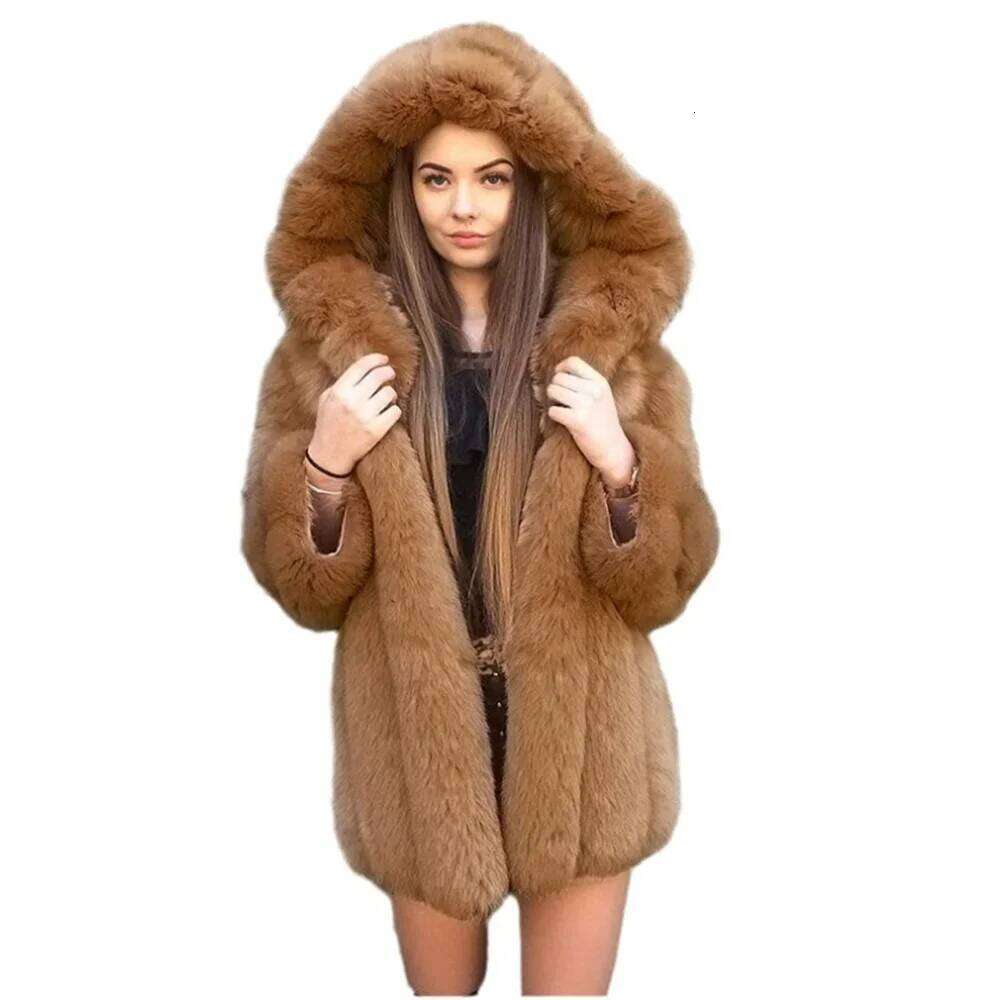 Designer Clothing 2025 S-5Xl Winter Warm Plush Coat Women Striped Faux Fox Fur Collar Cardigan Outstreet Wear Thick Long Sleeves Jacket With Hooded