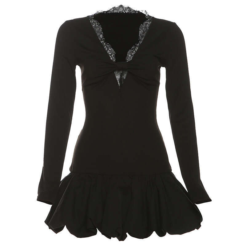 2024 Autumn New Women's Solid Color Sexy Long Sleeve V-Neck Lace Trim Dress 68a