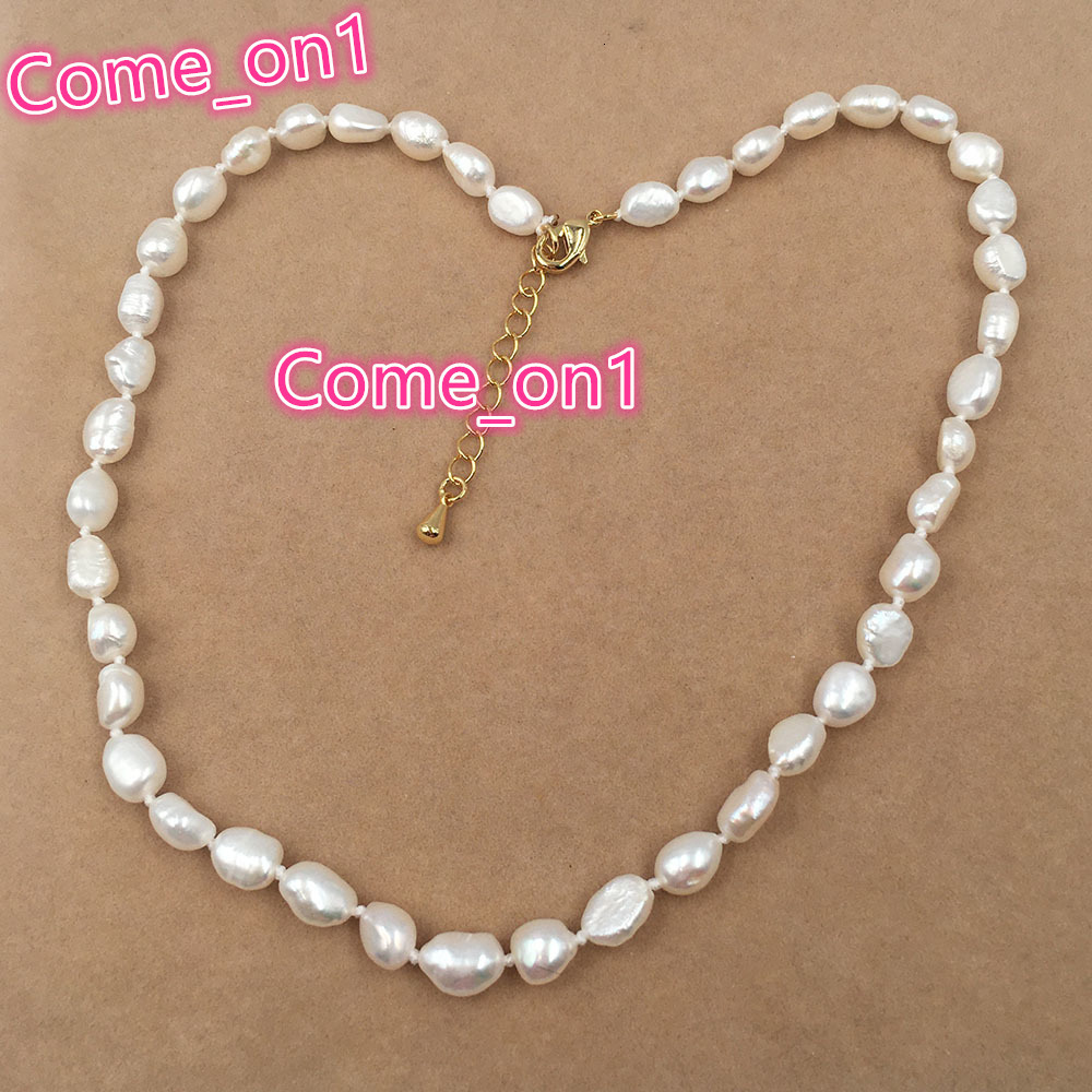 16 Inch+5 CM Choker Necklace 100% Natural Freshwater Pearl 7 MM Baroque Beads Knotted Clasp Stainless Steel 18k GOLD PLATING
