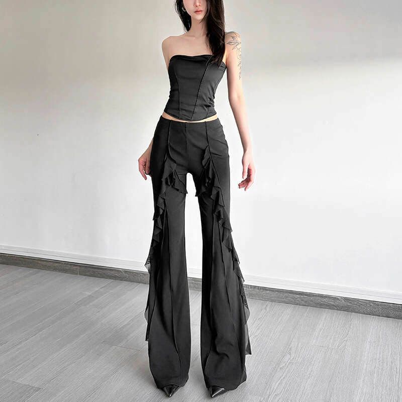 2025 Style New Summer Comfortable Breathable Vertical Lace High Waist Fashion Casual Straight Pants Women's Wear 3c2