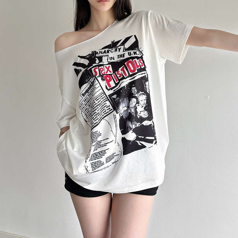 2025 Summer INS Style New Trendy Asymmetrical Shoulder Letter Print Loose Versatile T-Shirt Top 9ea