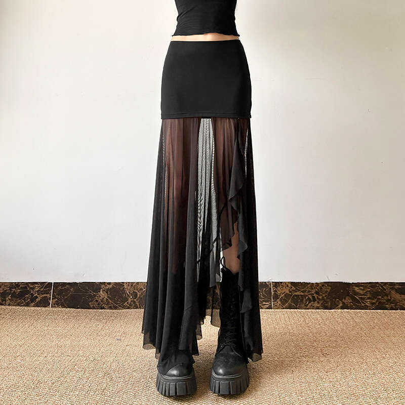 2024 Spring New Women's Solid Color Sexy High Waist Mesh Patchwork Skirt 163