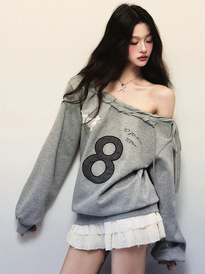2K Streetwear Gray Sweatshirts Women Off Shoulder Loose Letter Pullovers Harajuku Retro Female Casual American Tops 250723