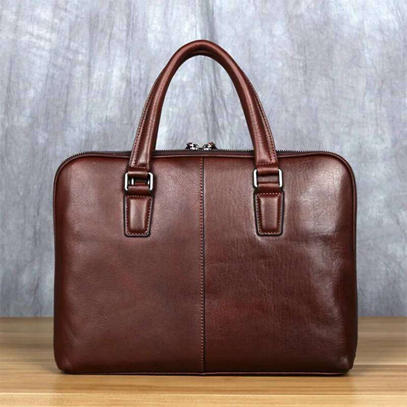 Vintage Men's Briefcase Top Layer Cowhide Casual Handbag Leather Business Shoulder Messenger Brown 14 Inch Laptop Bag NZPJ