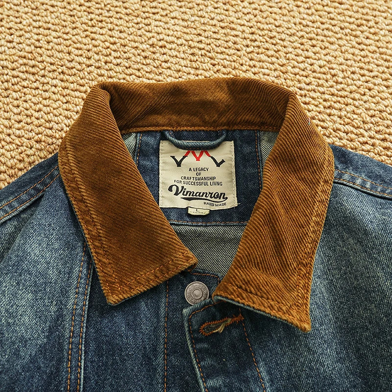 Spring American Retro Heavyweight Neckline Contrast Color Corduroy Washed Old Cargo Denim Jacket Mens Lapel Casual Coat 250717