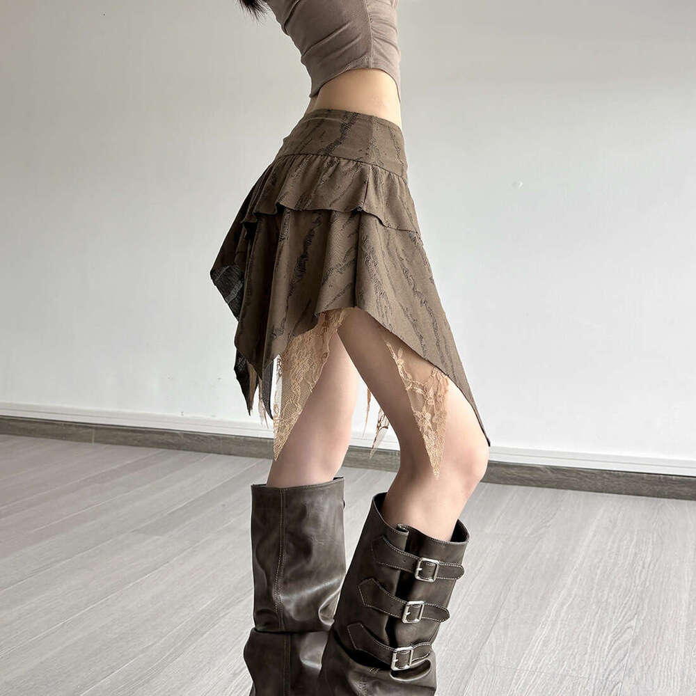 2025 Summer New Pure Desire Ins Style Irregular High Waist Solid Color Lace Trim Slim Fit Half Skirt for Women db2