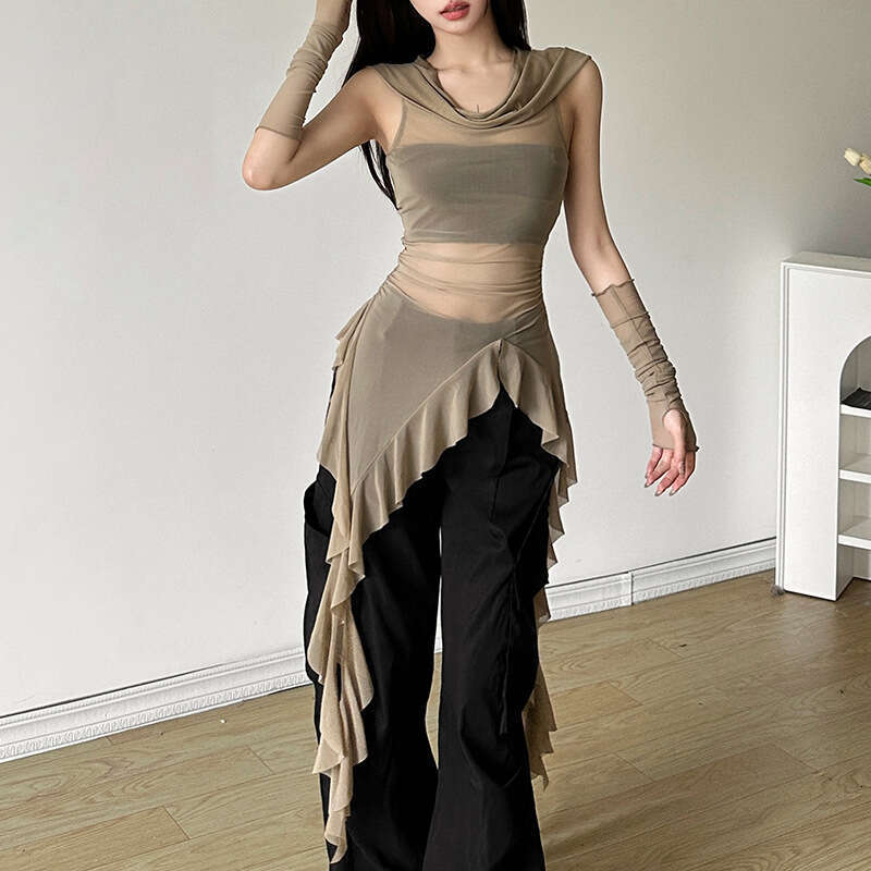 2024 Summer New Women's Solid Color Slim Street Fashion Hooded Sleeveless Mesh Top ff9
