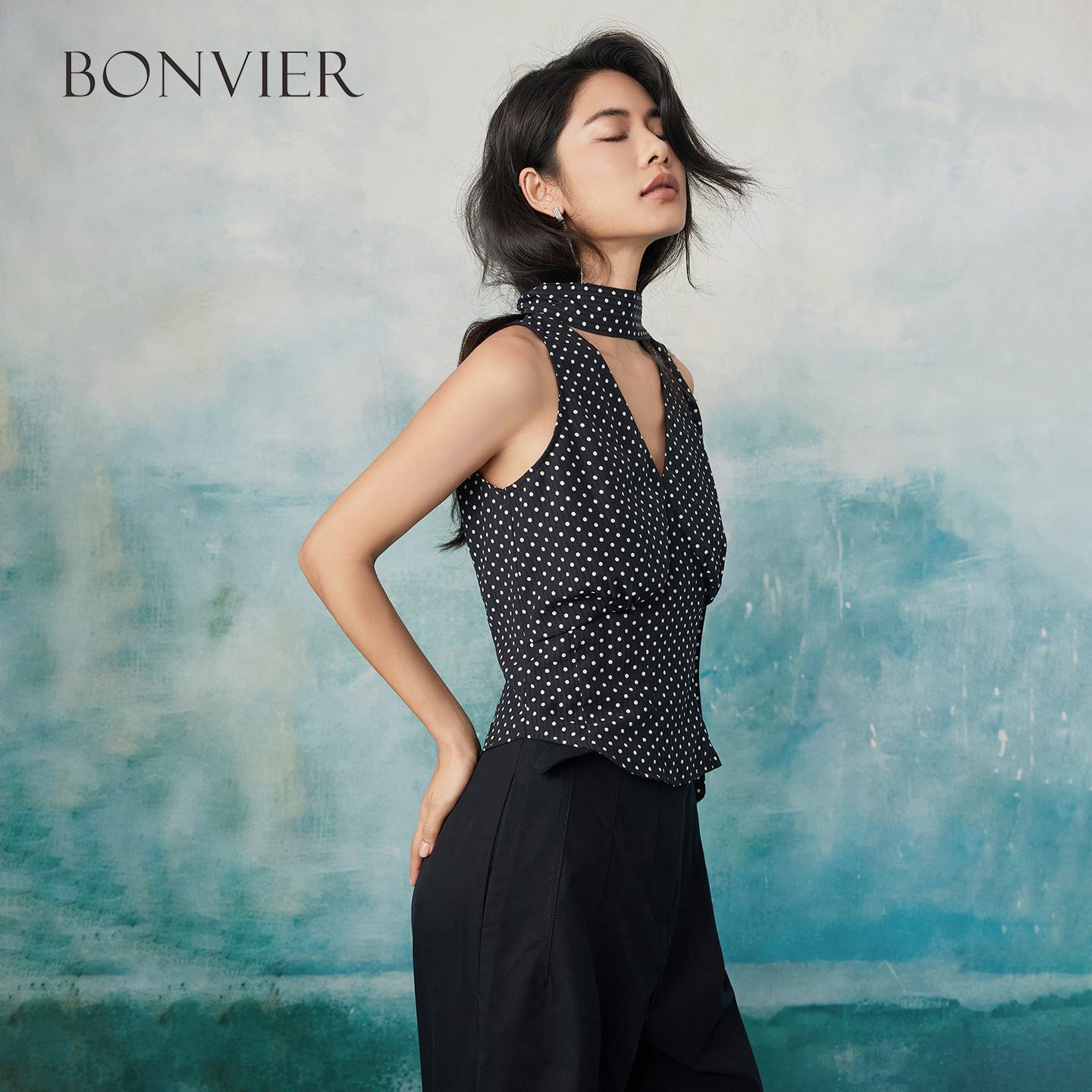 2025 Summer New Polka Dot Tank Top Women's Zipper Fashionable All-match V-neck Slim Fit Top 6112832