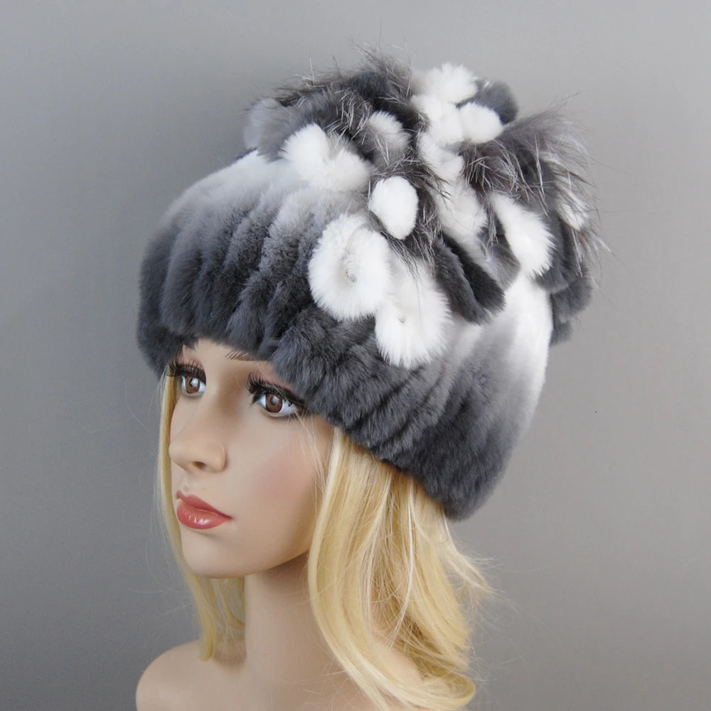 Women Fur Hat For Winter Handmade Natural Rex Rabbit Fox Fur Cap Russian Female Fur Headwear Warm Beanies Cap 250724