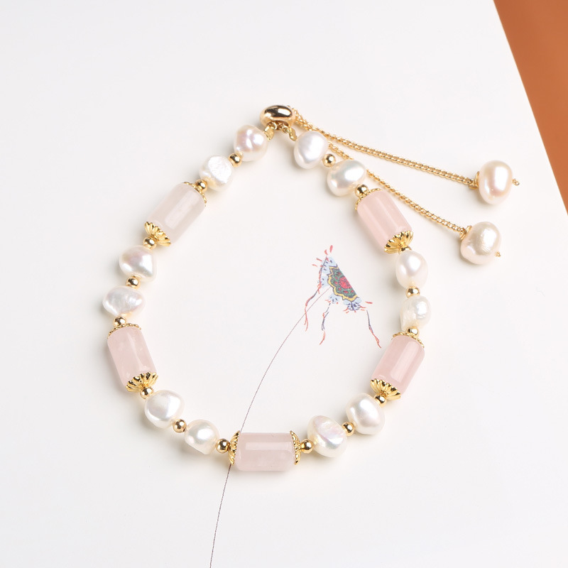 New Design Natural Rose Quartz Barrel Beads & Baroque Freshwater Pearl Bracelet Trendy Fresh Style Jewelry for Women