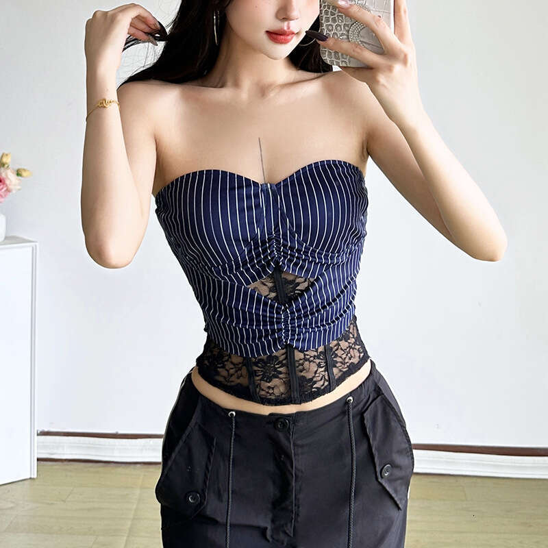 2025 New Summer Pure Desire Style Lace Patchwork Striped Strapless Slim Fit Sleeveless Tank Top for Women 415