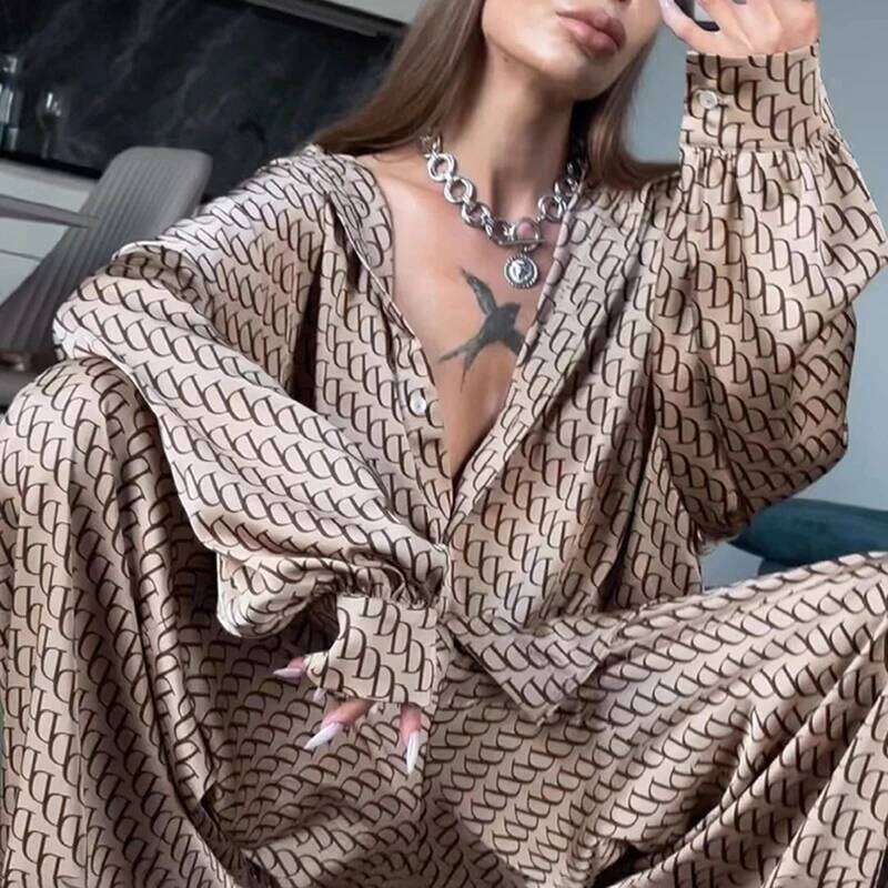 Designer Leisure High Quality Fashion Casual Satin Printing Two Piece Set Spring Women Long Sleeved Loose Shirt+High Waist Wide Leg Pants Street Summe