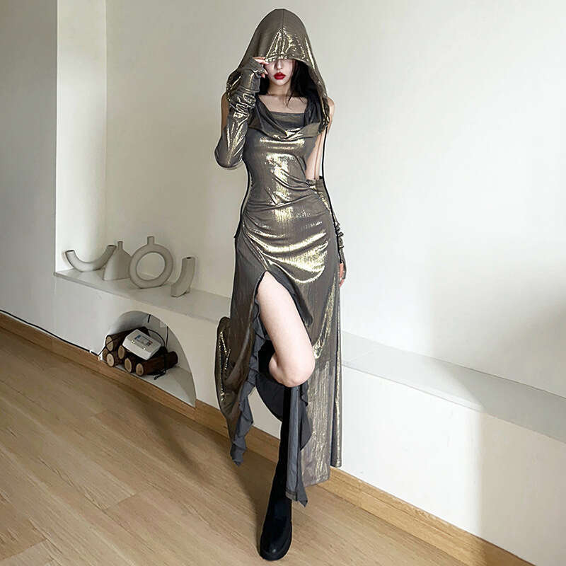 2023 Summer New Women's Solid Color Slim Street Fashion Hooded Sleeveless Split Dress 9b8