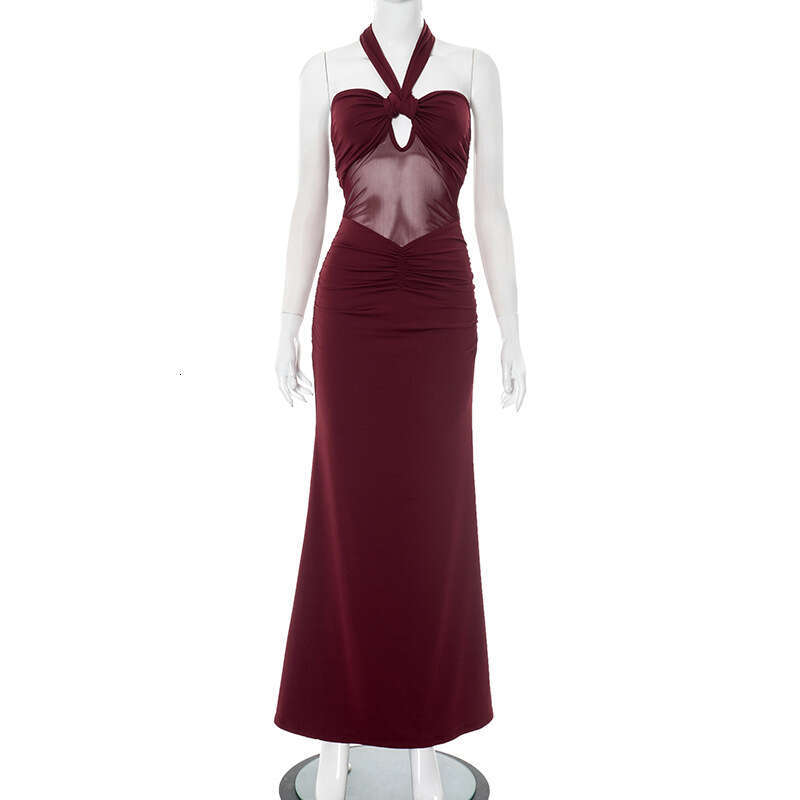 Y25ds1 Women's Spring Summer New Solid Color Halter Backless Sheer Sexy Dress B5