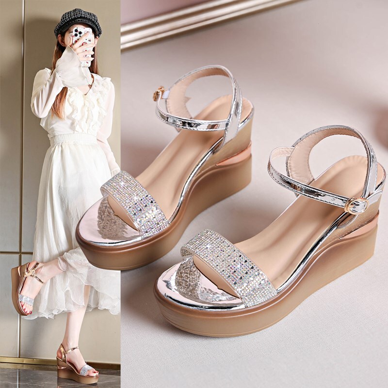 Ddmysports Rhinestone One Strap Wedge Sandals For Women Summer New Versatile Beach Shoes Open Toe Thick Sole Super High Heels Outdoor Shoes