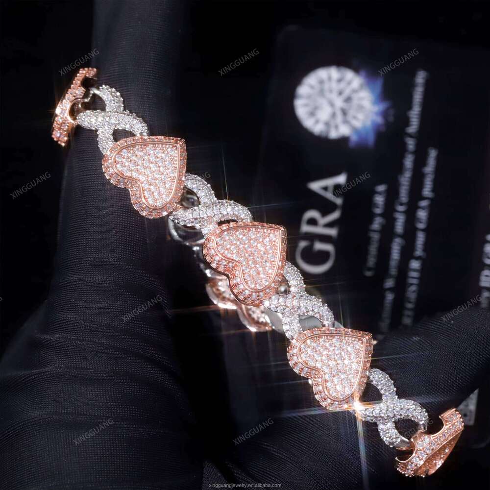 Fashion Heart Style VVS Moissanite Infinity Link S Sier Hip Hop Iced Out Dia Cuban Bracelet