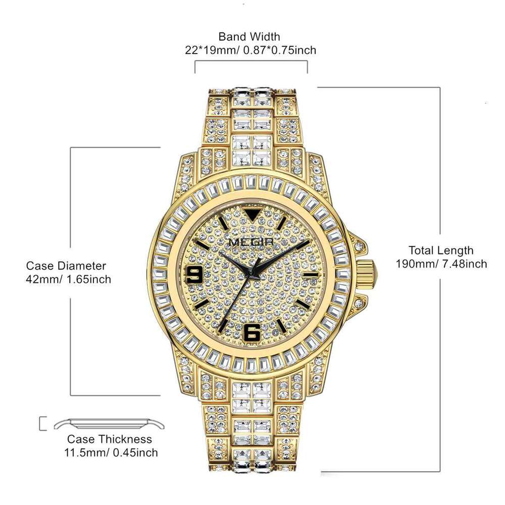 DHwatches MEGIR Men's Luxury Watch - Diamond, 42mm Big Face, 30M Waterproof, Stainless Steel, Hip Hop Fashion Wristwatch