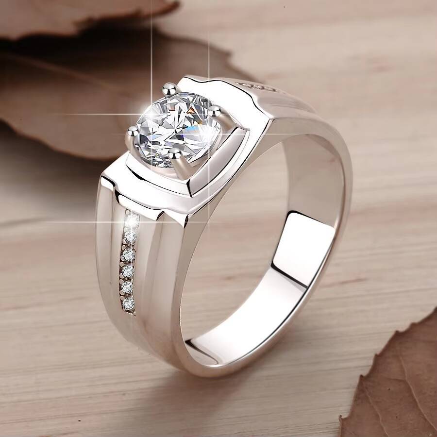Factory Price Fine Jewelry VVs1 Moissanite 1Ct Round Brilliant Zircon S925 Sterling Silver Rings Band of Men