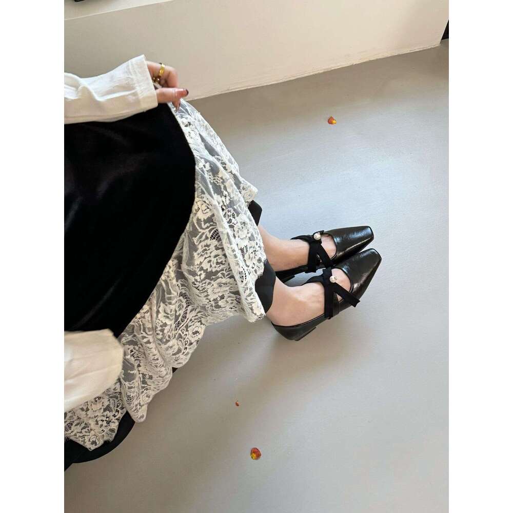 Square Toe Single Women, Chunky Heel, Comfortable French Style High Heels, Elegant Pearl Cross Strap Shoes for Women