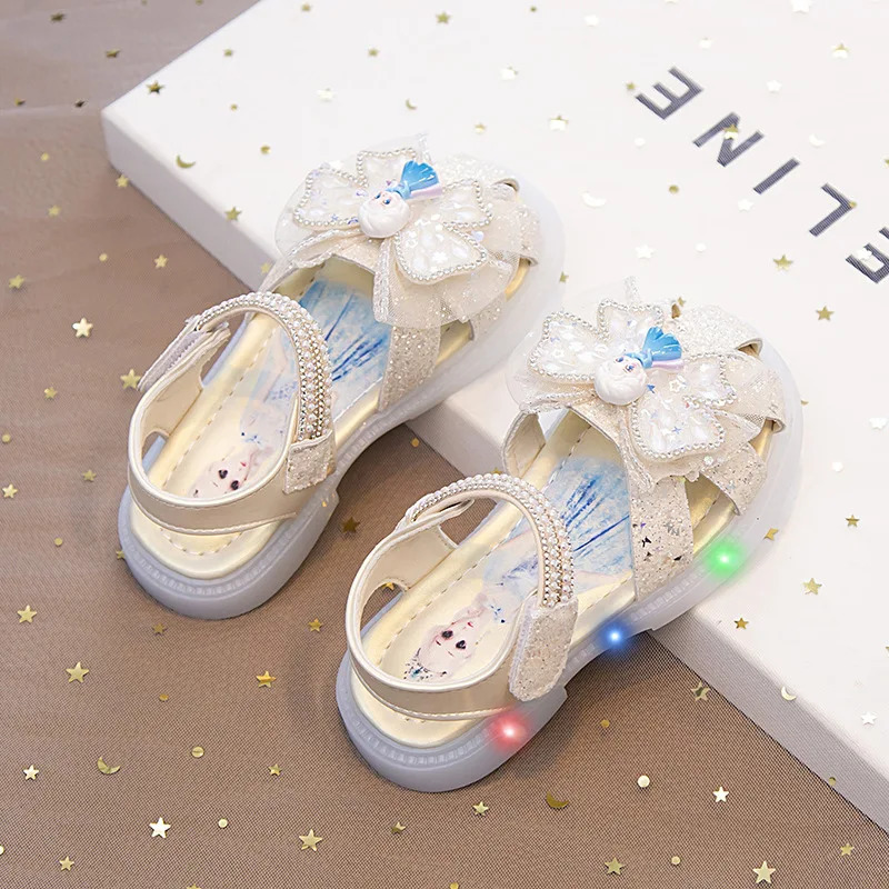 KidsSandalsl Led Light Elsa Princess Frozen PU Leather Sequin Pearl Summer Shoes Antislip Breathable Pink Blue Size 2232 250725