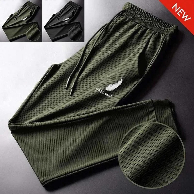 Mens Hollow Out Ice Silk Pants Mesh Breathable Casual Thin Quick Dry Pant Loose Elastic Beam Feet Sports Fitness Trousers 250725