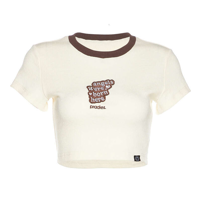 2022 Spring New Women's Solid Color Slim Fit Crop Top Fashion Letter Round Neck Short Sleeve T-Shirt 2f9