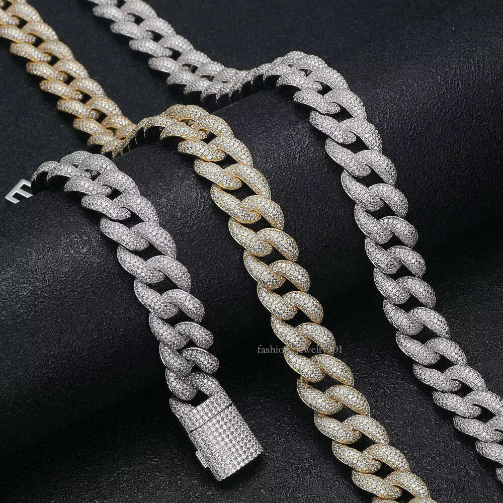 Men's and Ladies' Sterling Sier Chain 15mm Full Iced Out Link Cuban Moissanite Necklace