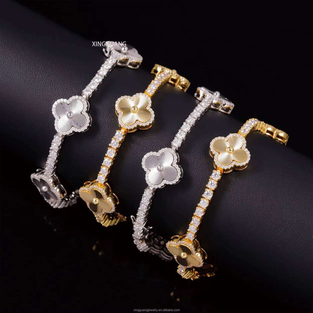 XingGuang Hiphop Cuban Sterling Sier VVS Moissanite Dia Four Leaf Clover Bracelet 3mm 4mm Tennis Chain