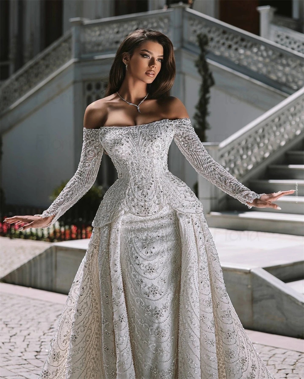 Elegant Wedding Dresses Off Shoulder Beading Bridal Gowns with Overskirt Sequins Rhinestone Mermaid Backless Customized Vestidos De Novia Plus Size