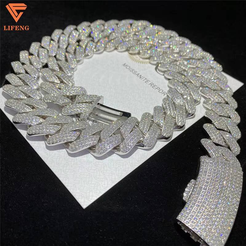 Full Iced out D Color VVS Moissanite Cuban Link Chain Necklace 925 Silver Hip Hop with Gold Plating Bling round Diamond