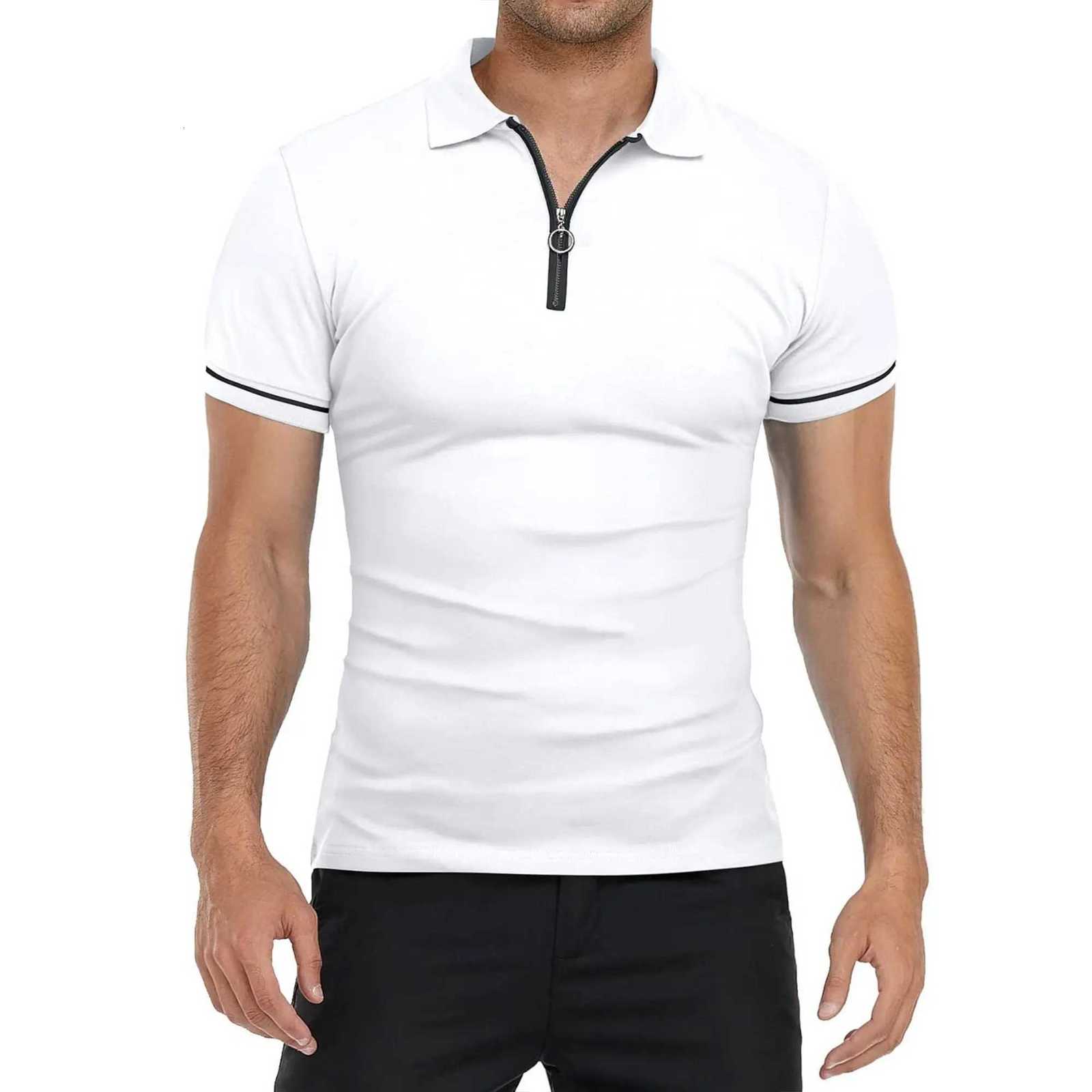 Mens Polo Shirt Color Matching Short-Sleeved Zipper Lapel T-Shirt Casual Shirt XJ250725