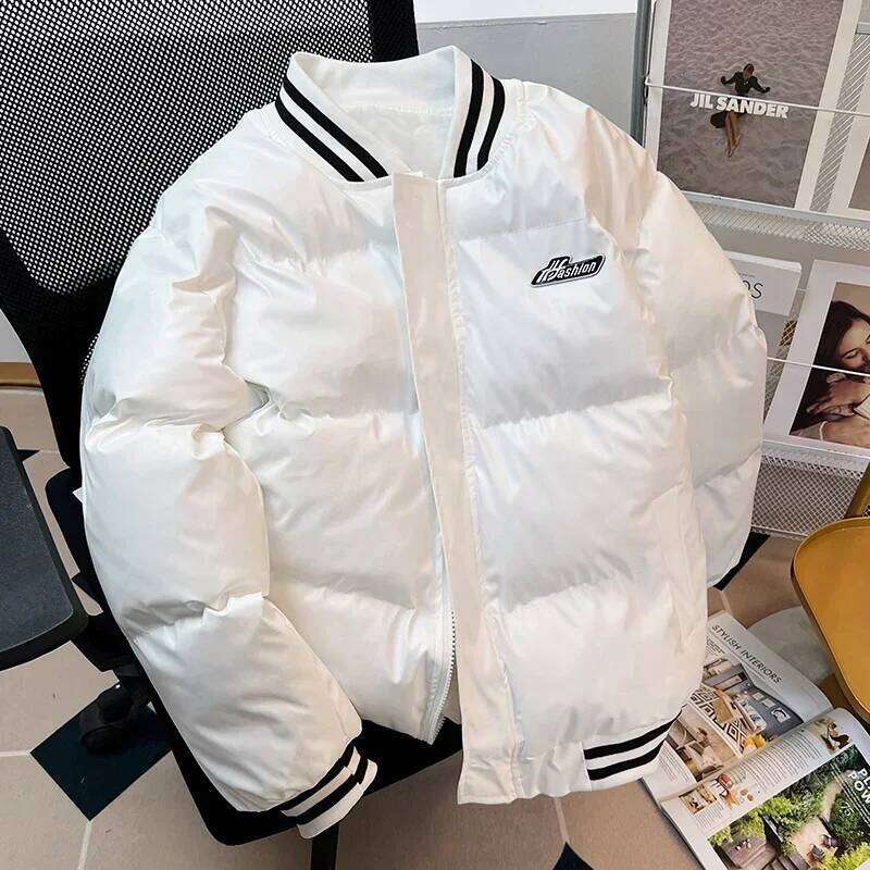 Gmiixder American Baseball Uniform PU Bomber Jacket Hip Hop Thickened Stand Collar Parkas Loose Versatile Couple Winter Coat