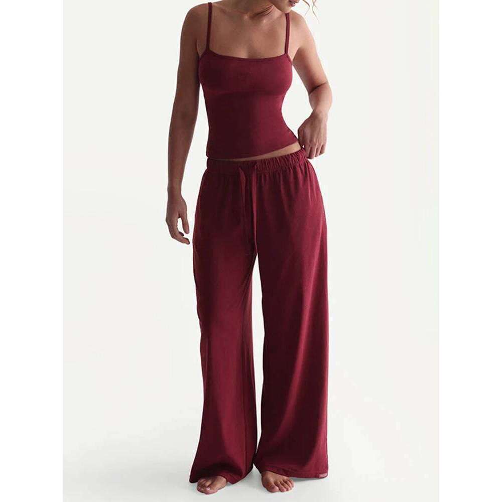 Designer Leisure High Quality kliou Casual Daily Women 2 Piece Set Basic Active Solid U-neck Backless Camisoles Top+Loose Elastic Waist Pants Mujer Tr