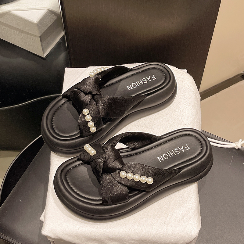 Ddmysports Cross Pearl Thick Sole Slippers For Women With Skirts Summer Outdoor Wear New Fashion Fairy Style Gentle Sandals Outdoor Shoes