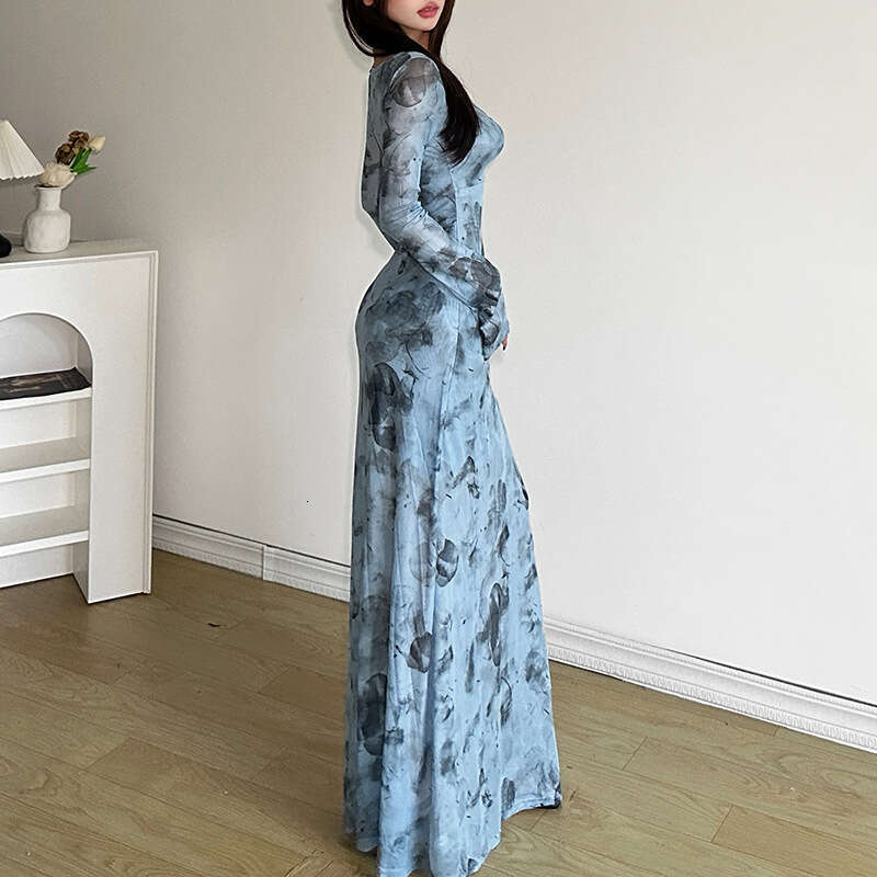 2024 Summer New Women's Solid Color Slim Fit Fashion V-Neck High Waist Long Sleeve Dress a81