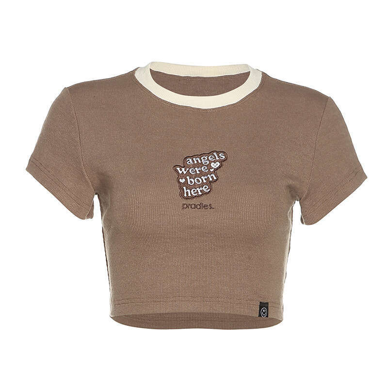 2022 Spring New Women's Solid Color Slim Fit Crop Top Fashion Letter Round Neck Short Sleeve T-Shirt 2f9