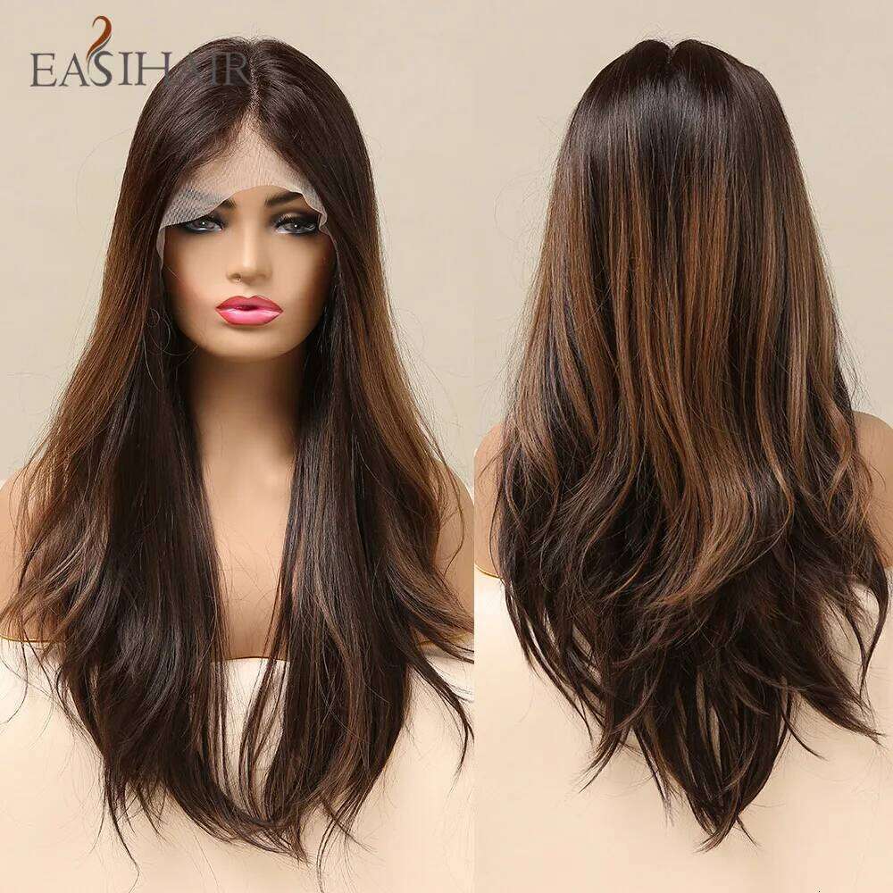 EASIHAIR Front Hair Brown Long Straight Synthetic Lace Wigs for Black Women Daily Cosplay Party Heat Resistant Fibers