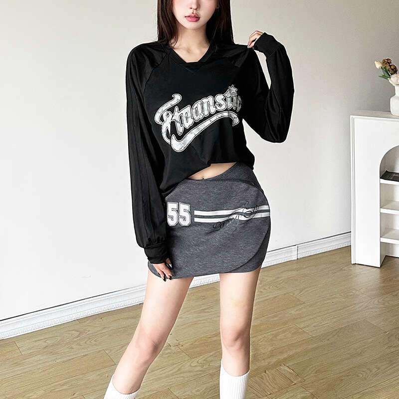 2024 Summer New Fashion Letter Print Long Sleeve Top High Waist Bodycon Skirt bcf